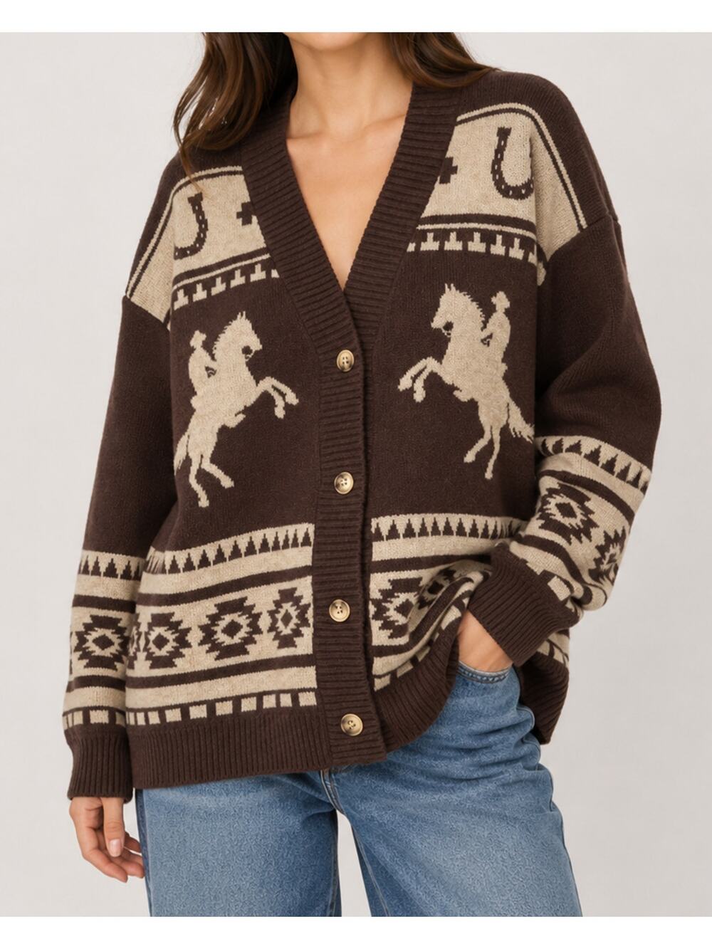 Altar’d State Carina Western Horse Cowboy Cardigan Chunky Knit Sweater Oversized